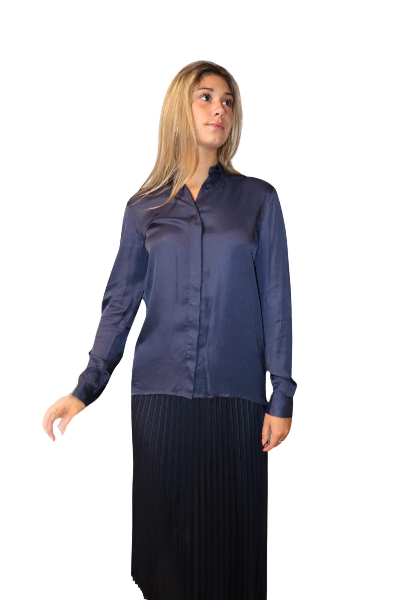 The Elle Satin Button-Down Shirt | Navy