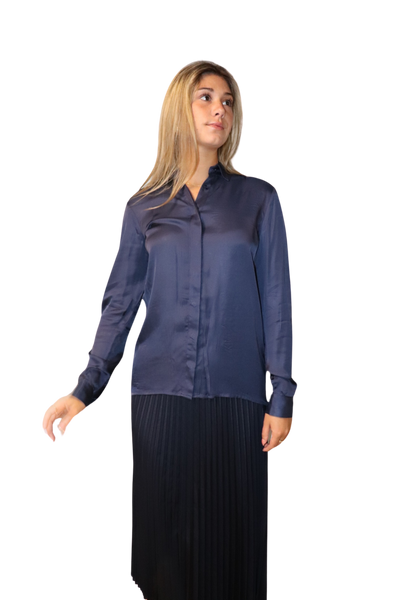 The Elle Satin Button-Down Shirt | Navy