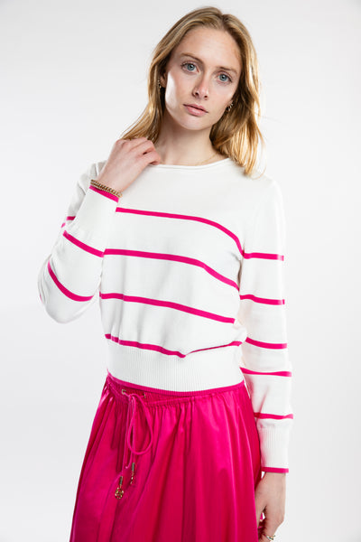 The Ellie Roll Neck Sweater | White & Fuchsia