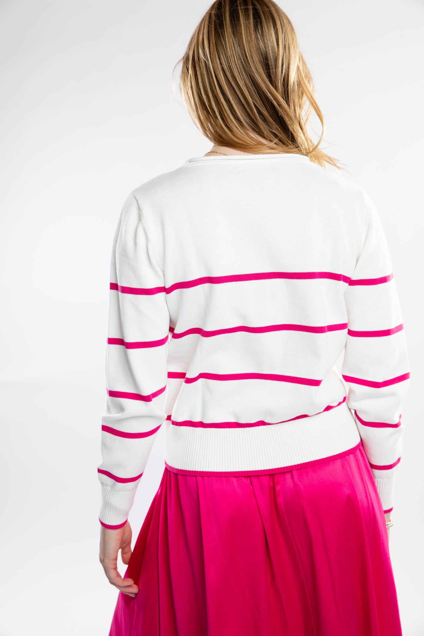 The Ellie Roll Neck Sweater | White & Fuchsia