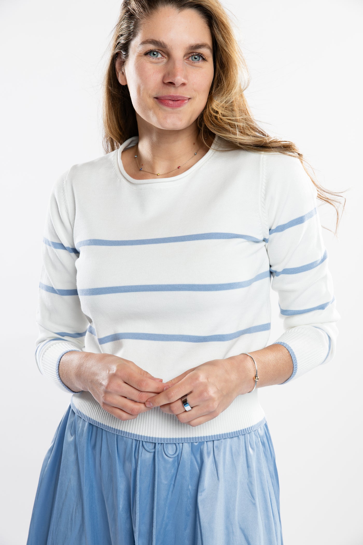 The Ellie Roll Neck Sweater | White & Blueberry