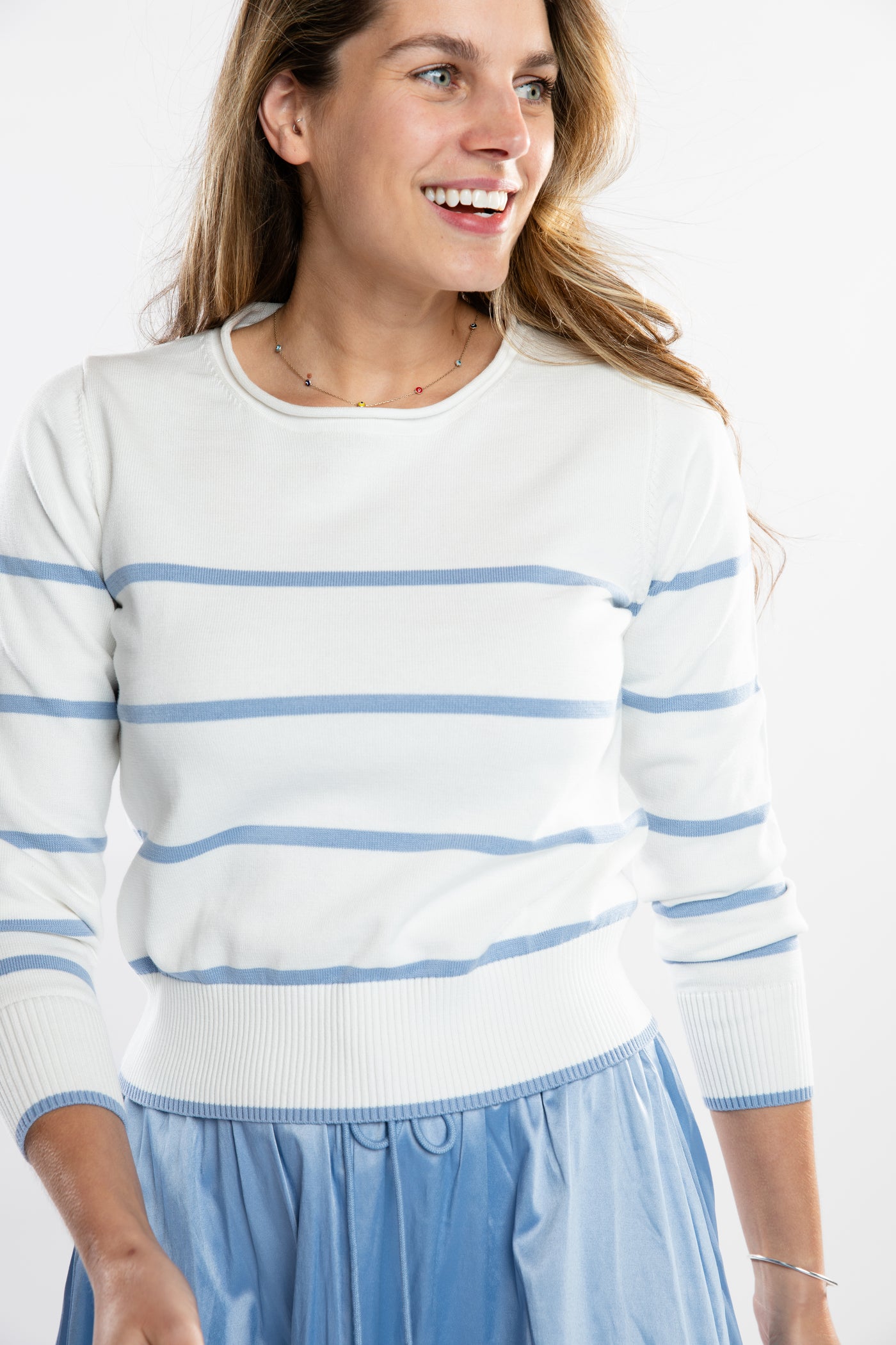 The Ellie Roll Neck Sweater | White & Blueberry