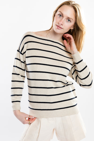 The Callie Boatneck Striped Sweater | Latte and Navy