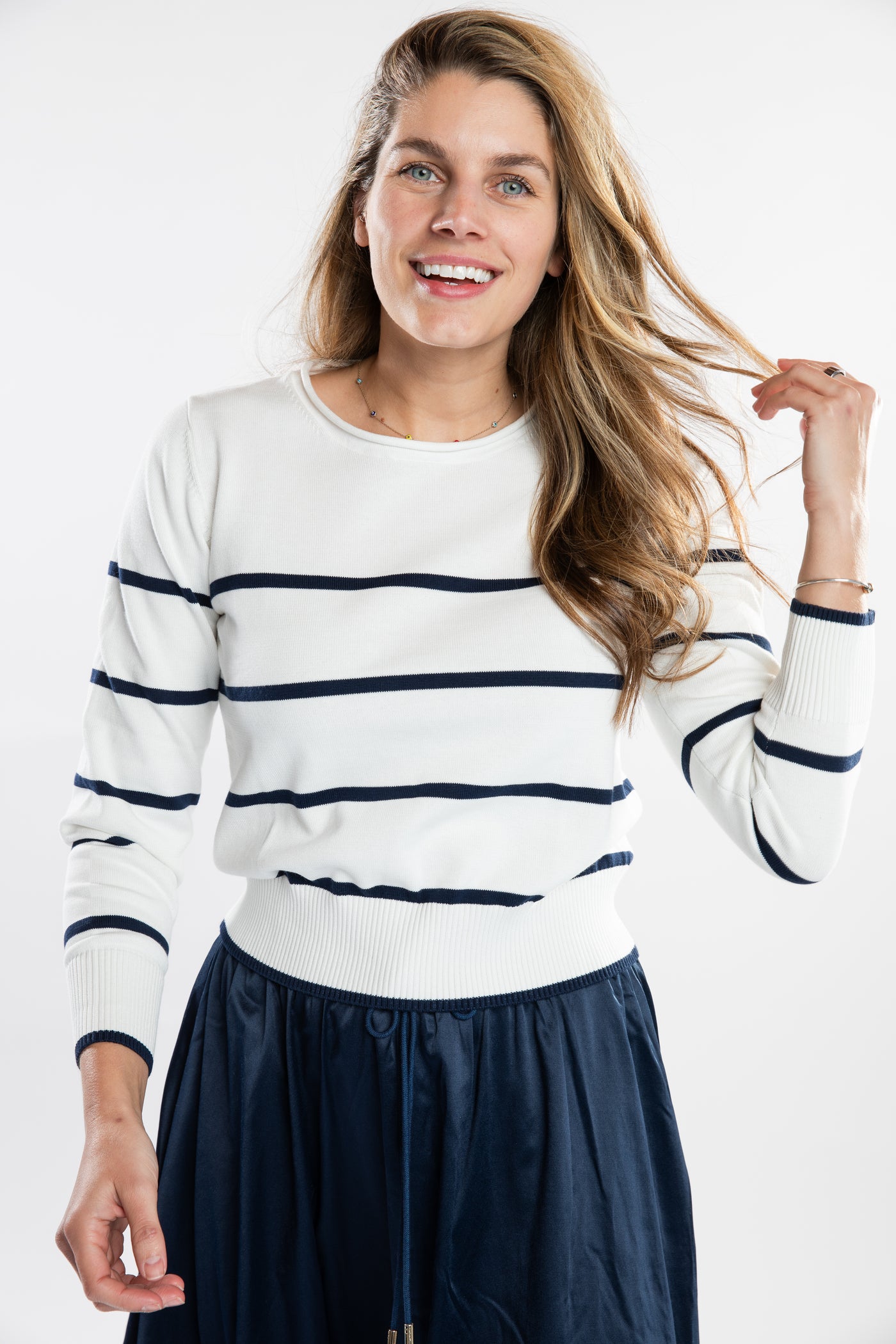 The Ellie Roll Neck Sweater | White & Navy