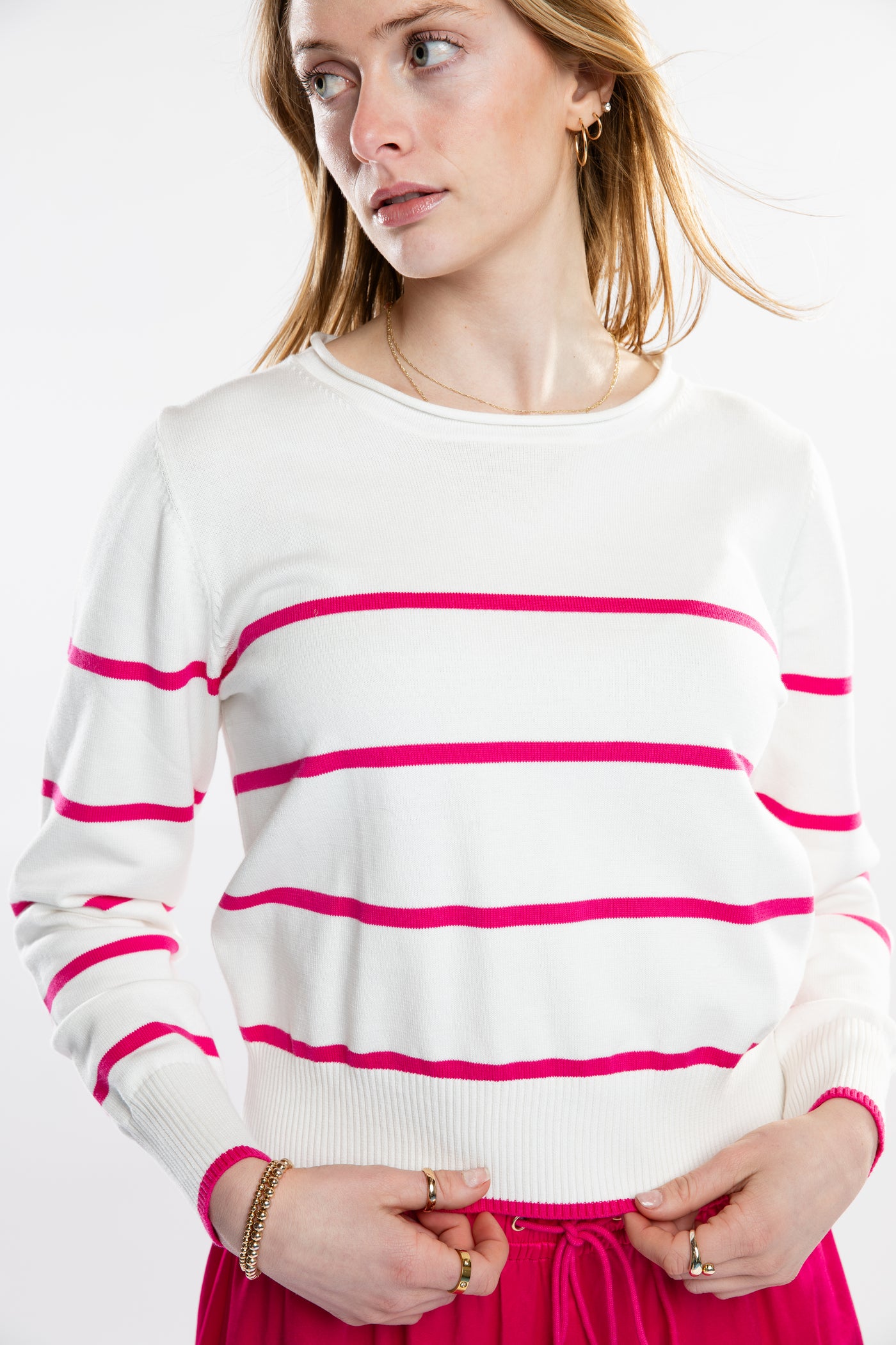 The Ellie Roll Neck Sweater | White & Fuchsia