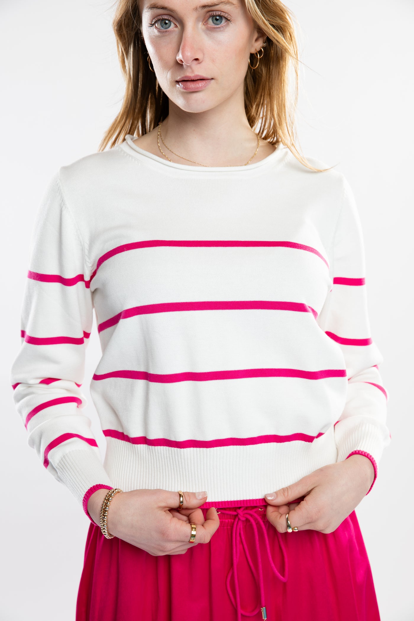 The Ellie Roll Neck Sweater | White & Fuchsia