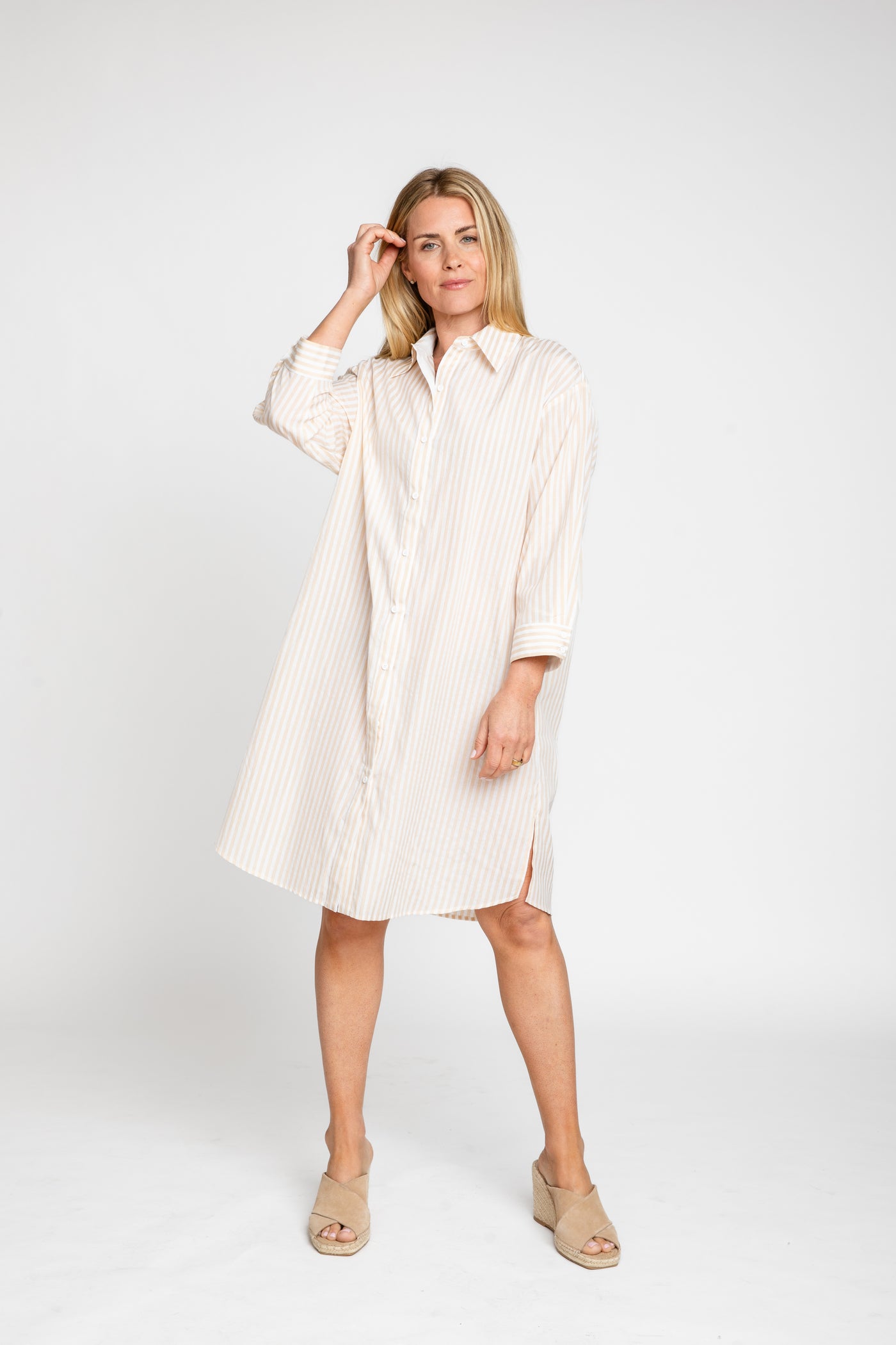 The Wide Striped Oxford Dress | Sand + White