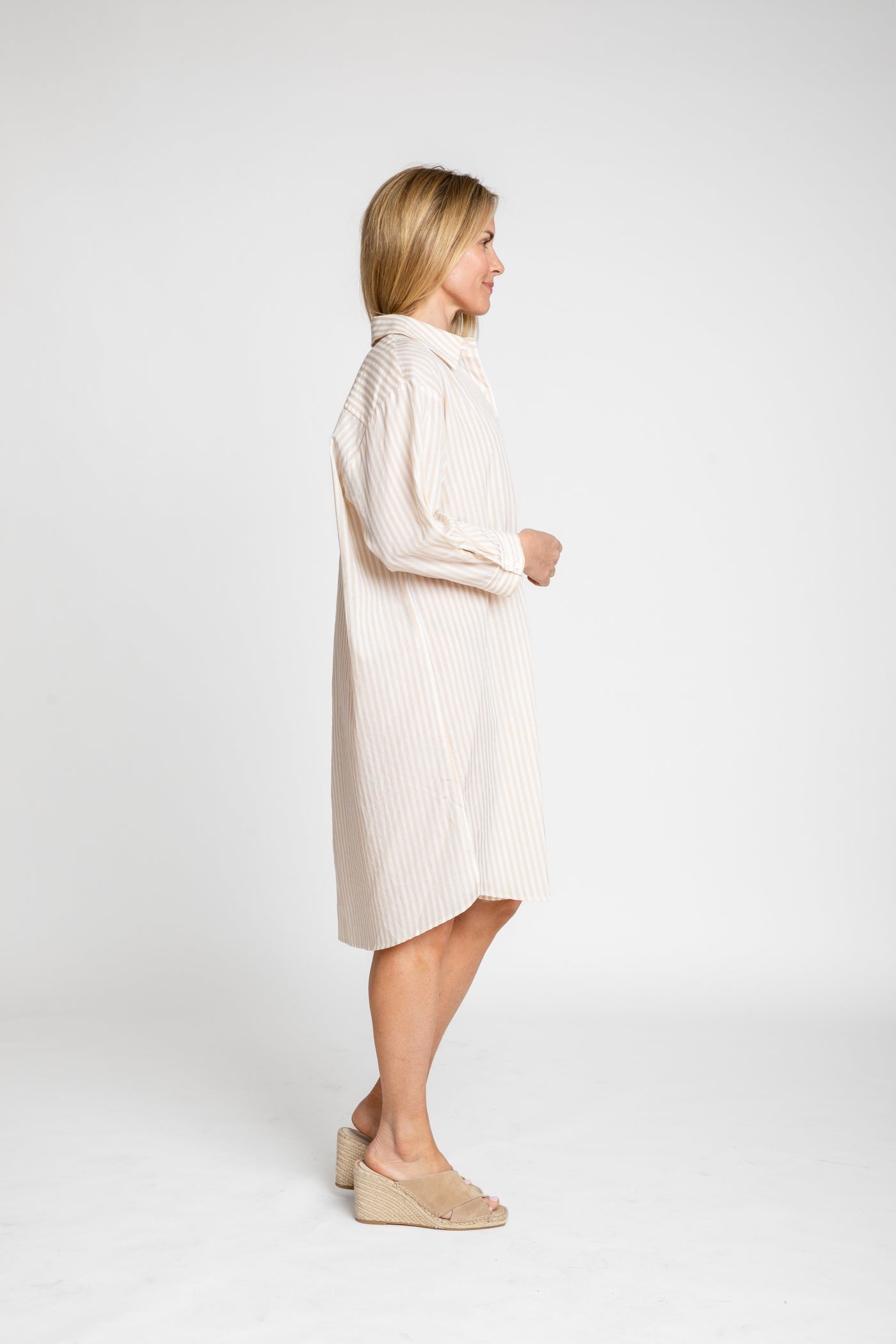 The Wide Striped Oxford Dress | Sand + White