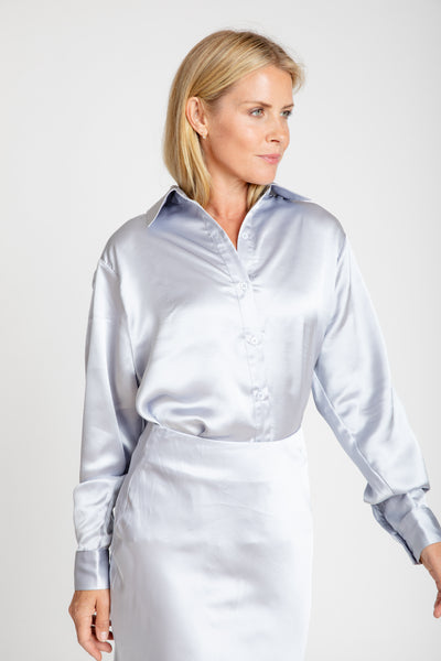 The Lily Satin Button-Up Shirt | Silver