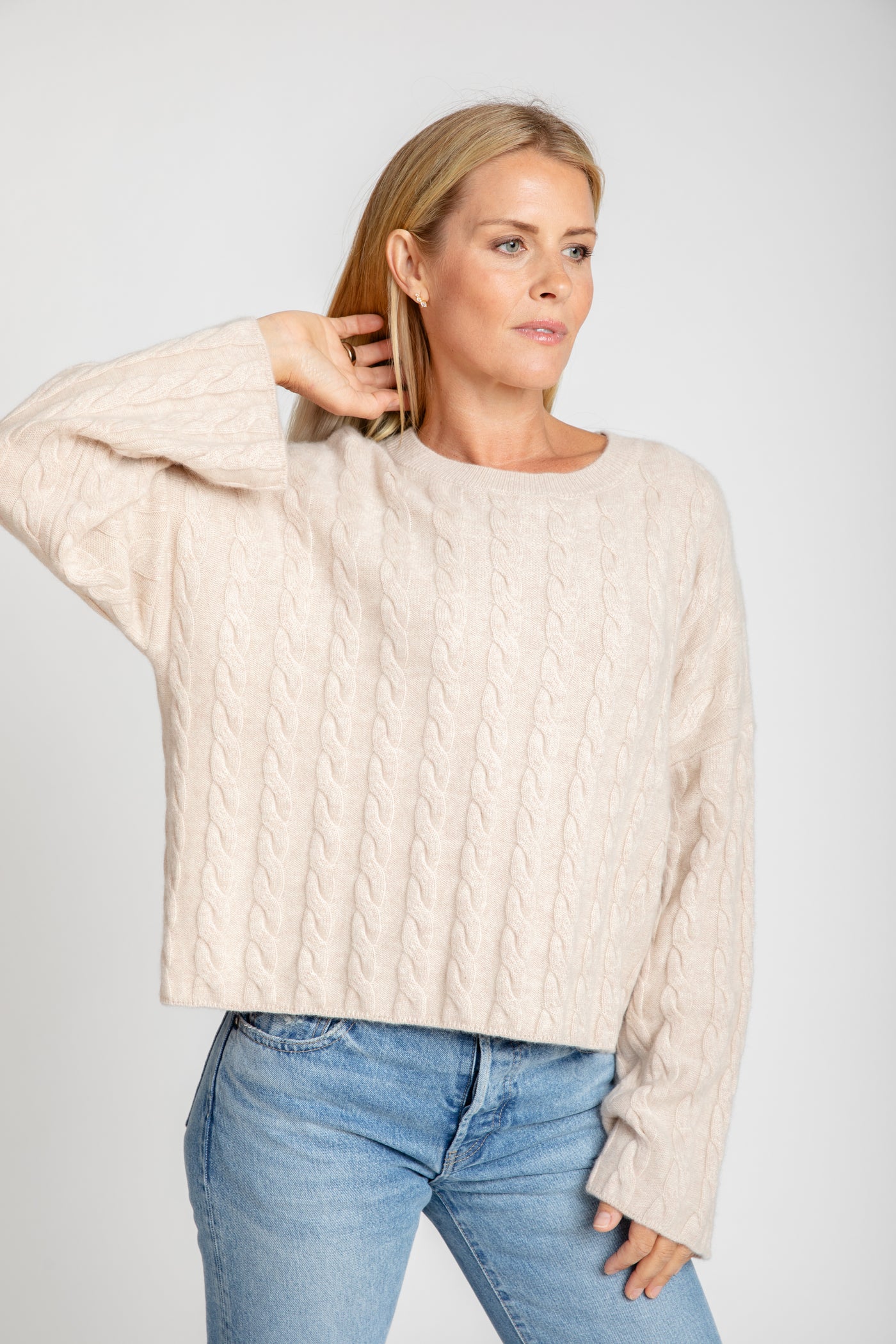 The Sadie Cashmere Bell Sleeve Crew Sweater | Wheat