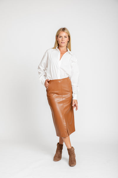 The Ava Vegan Leather Pencil Skirt | Caramel