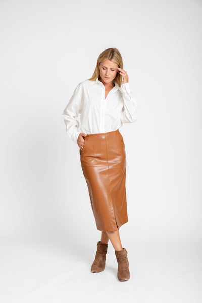 The Ava Vegan Leather Pencil Skirt | Caramel