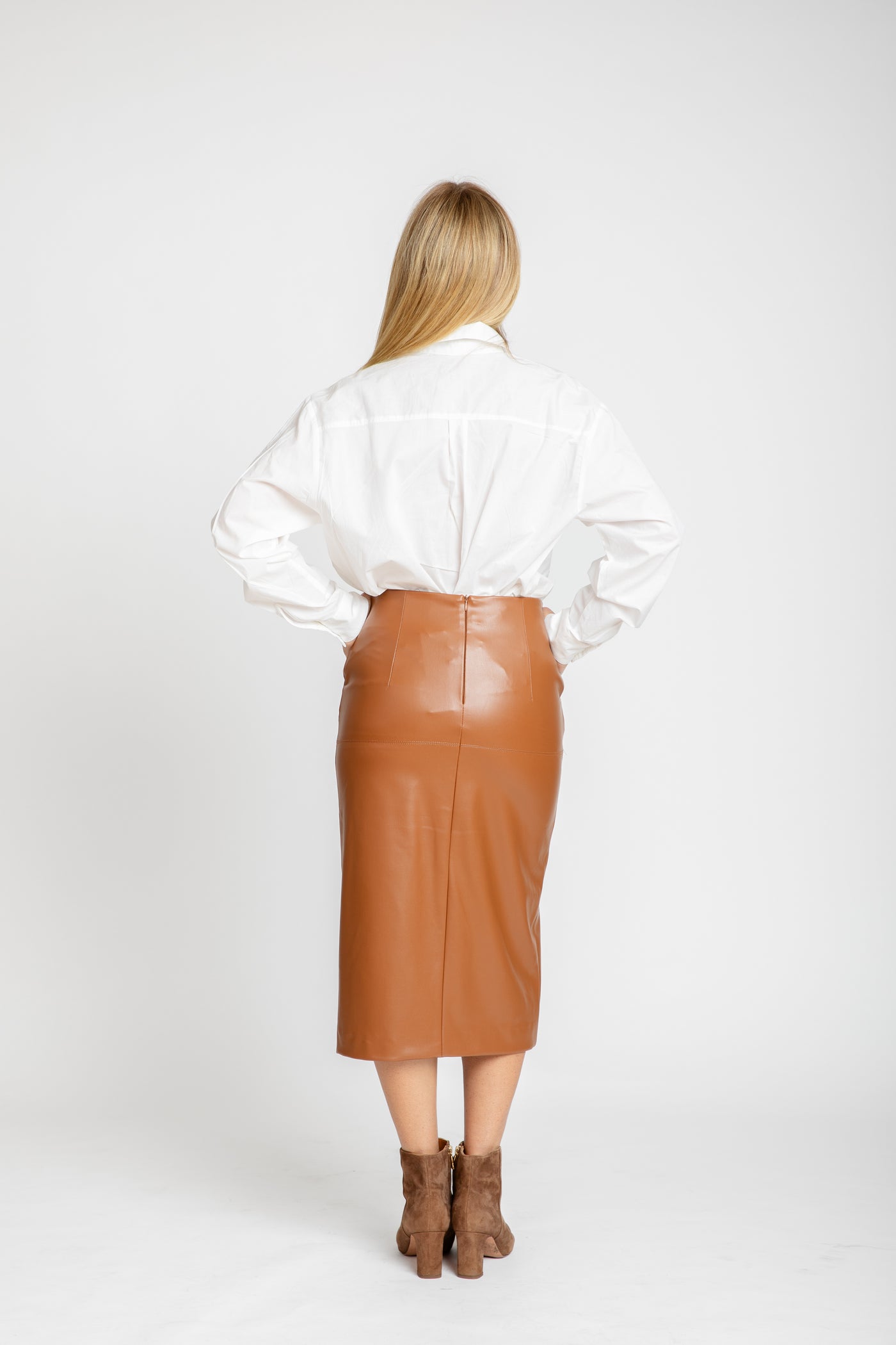 The Ava Vegan Leather Pencil Skirt | Caramel