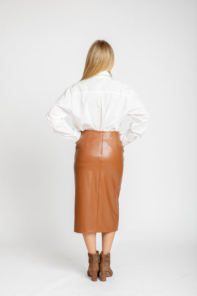 The Ava Vegan Leather Pencil Skirt | Caramel