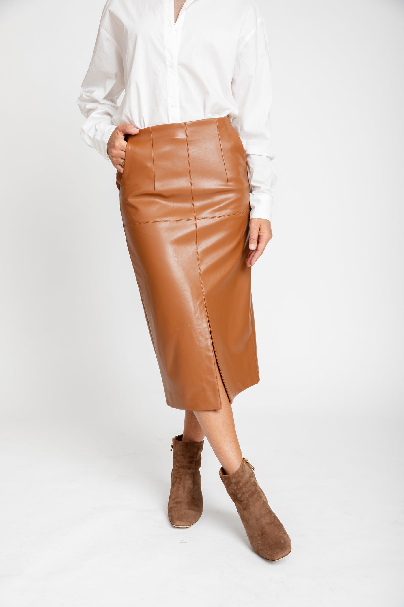 The Ava Vegan Leather Pencil Skirt | Caramel