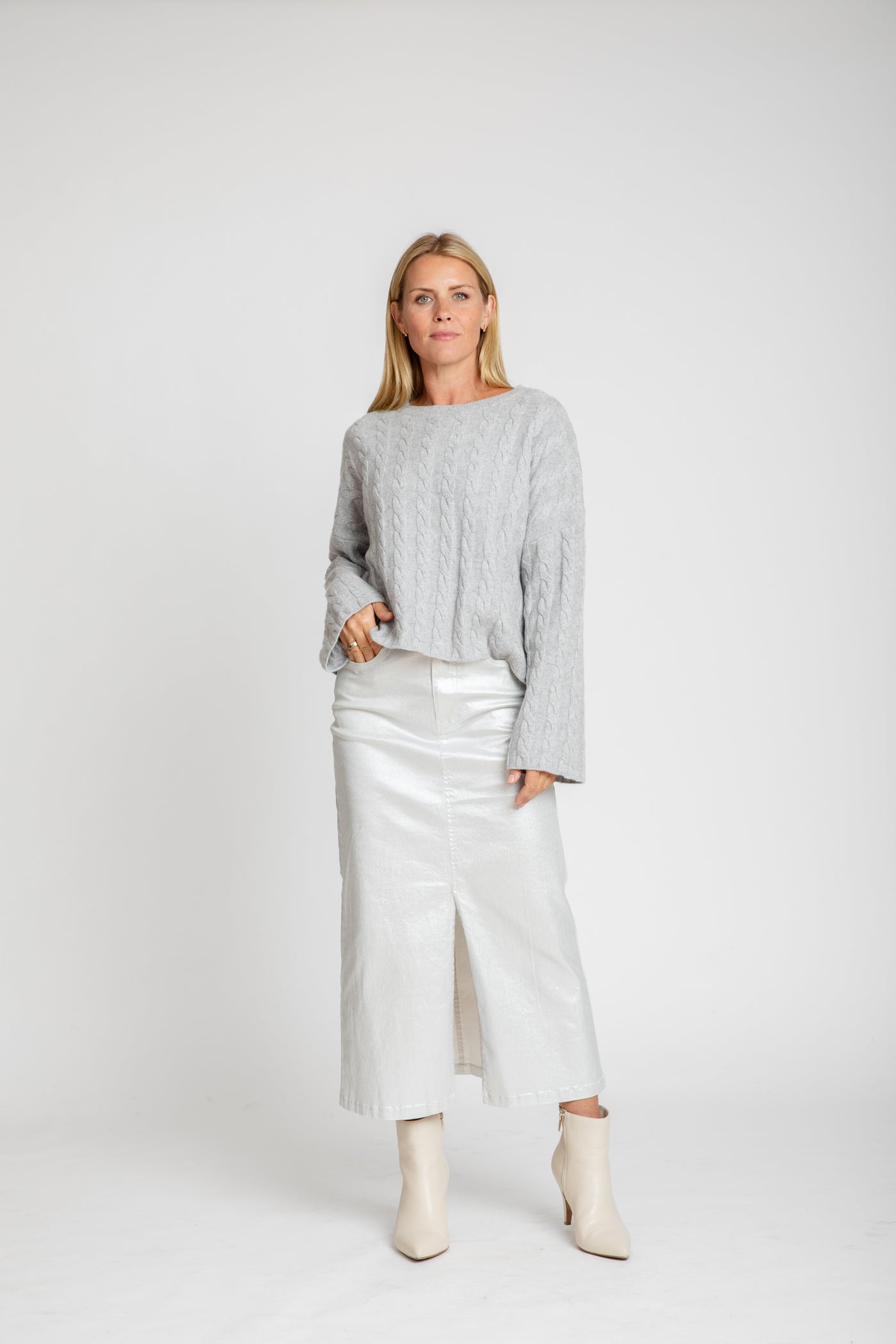 The Sadie Cashmere Bell Sleeve Crew Sweater | Dove Gray