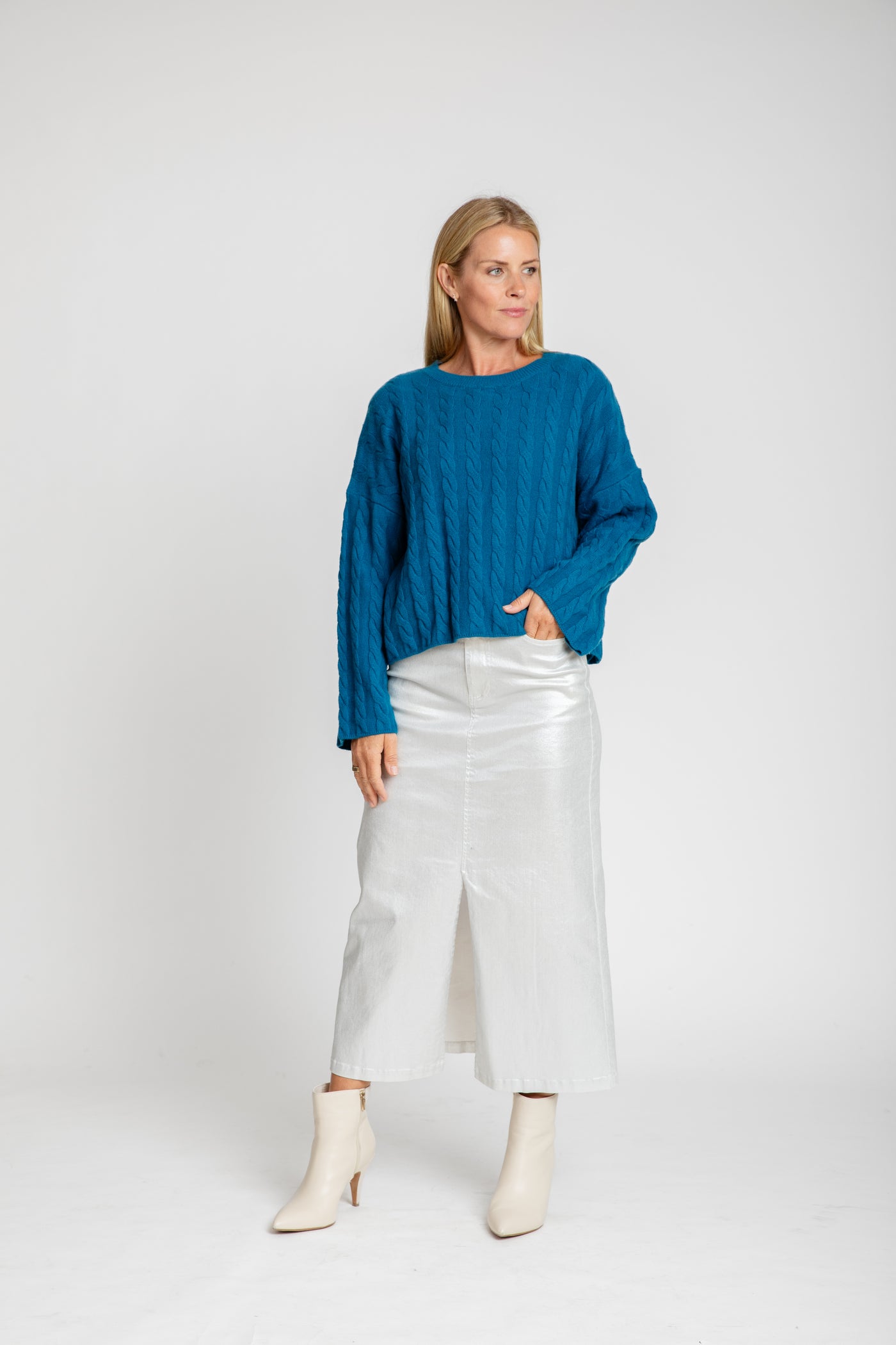 The Sadie Cashmere Bell Sleeve Crew Sweater | Peacock Blue