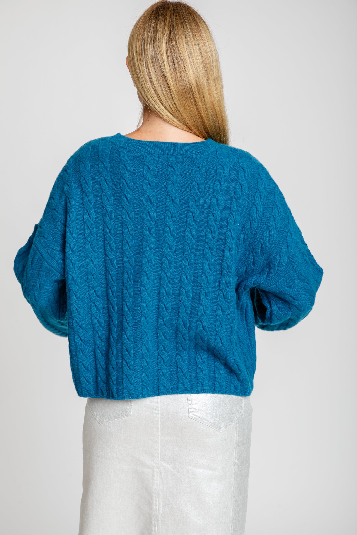 The Sadie Cashmere Bell Sleeve Crew Sweater | Peacock Blue