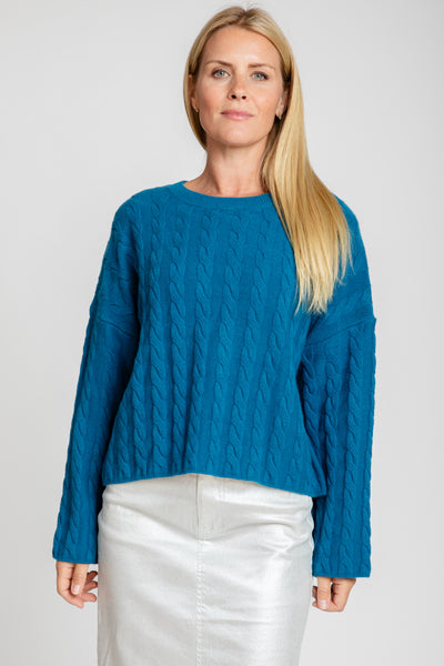 The Sadie Cashmere Bell Sleeve Crew Sweater | Peacock Blue