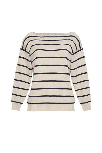 The Callie Boatneck Striped Sweater | Latte and Navy