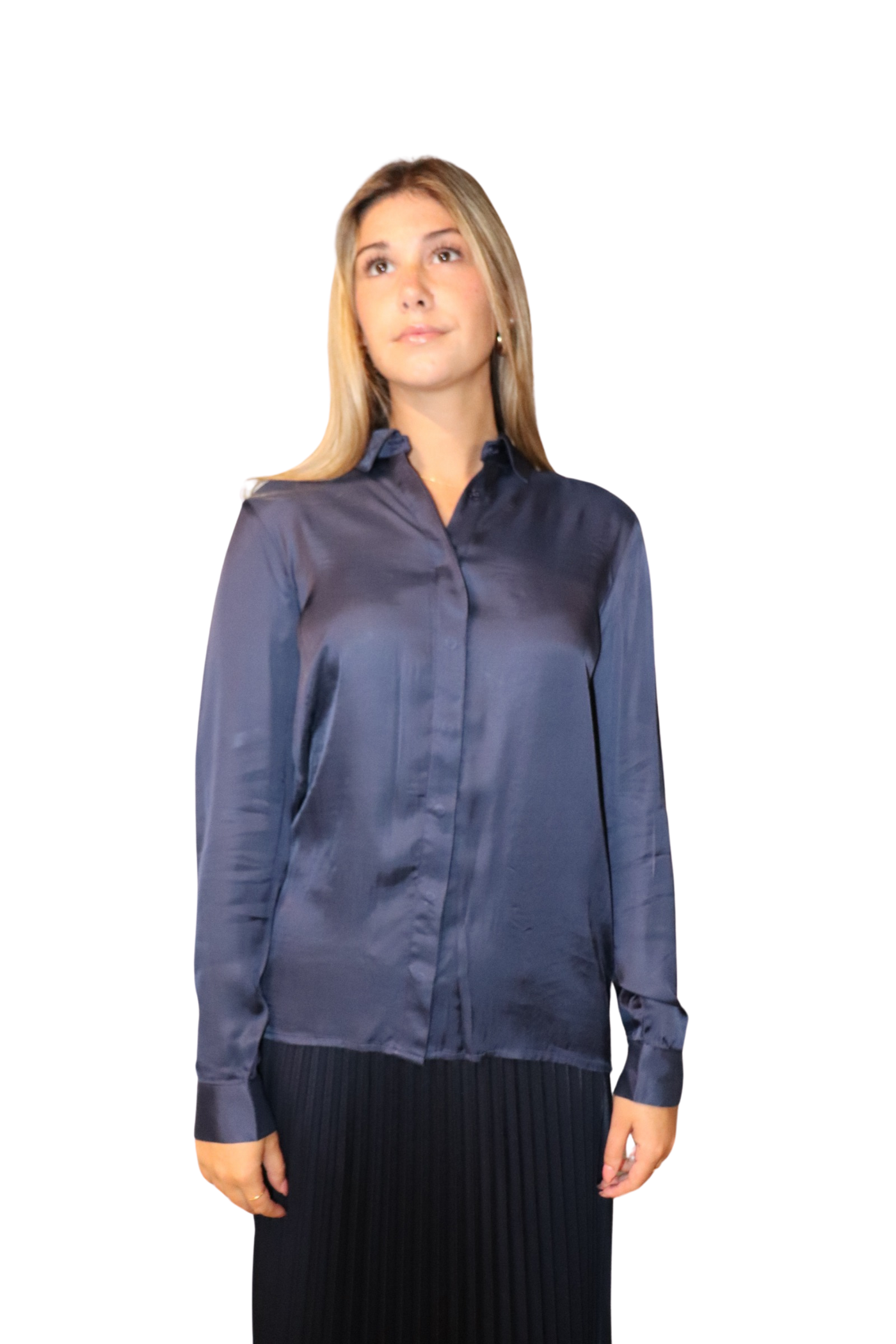 The Elle Satin Button-Down Shirt | Navy