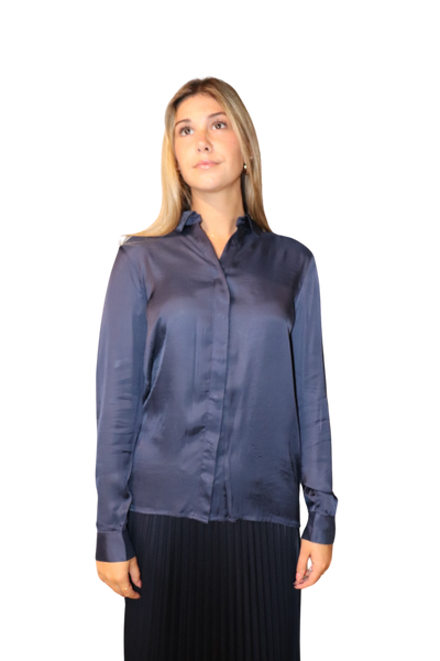 The Elle Satin Button-Down Shirt | Navy