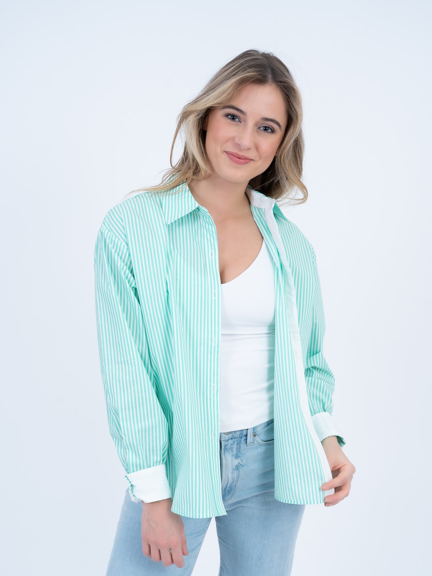 The Brooke Classic Button-Down Striped Shirt | Green + White