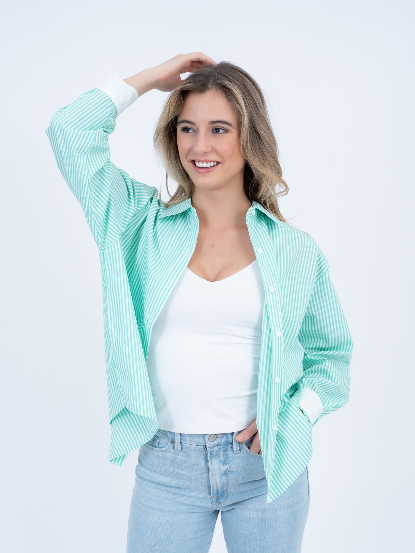 The Brooke Classic Button-Down Striped Shirt | Green + White