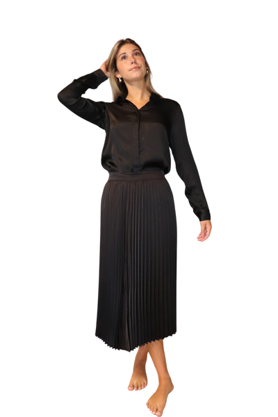 The Sarah Pleated Satin Skirt | Black